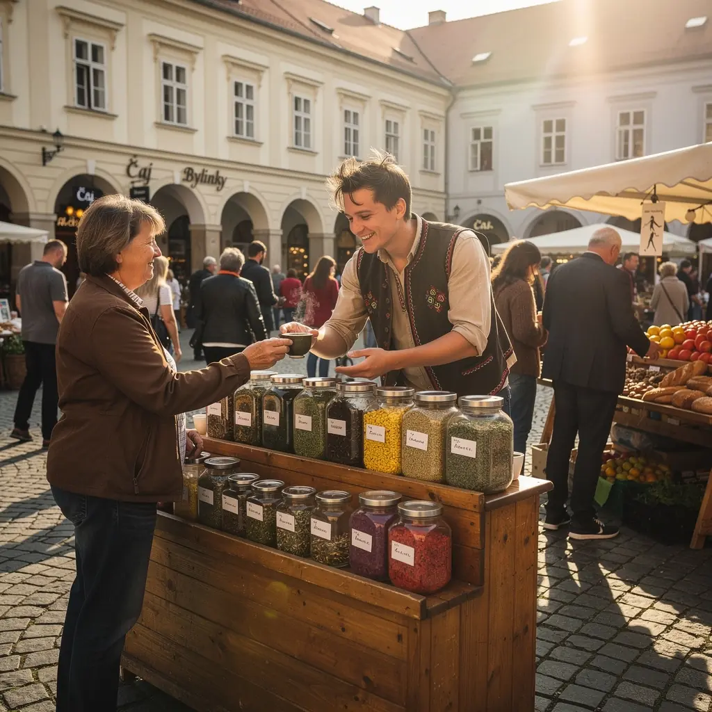 Rodinné stretnutie pri stole s čajom a tradičnými slovenskými koláčikmi.
