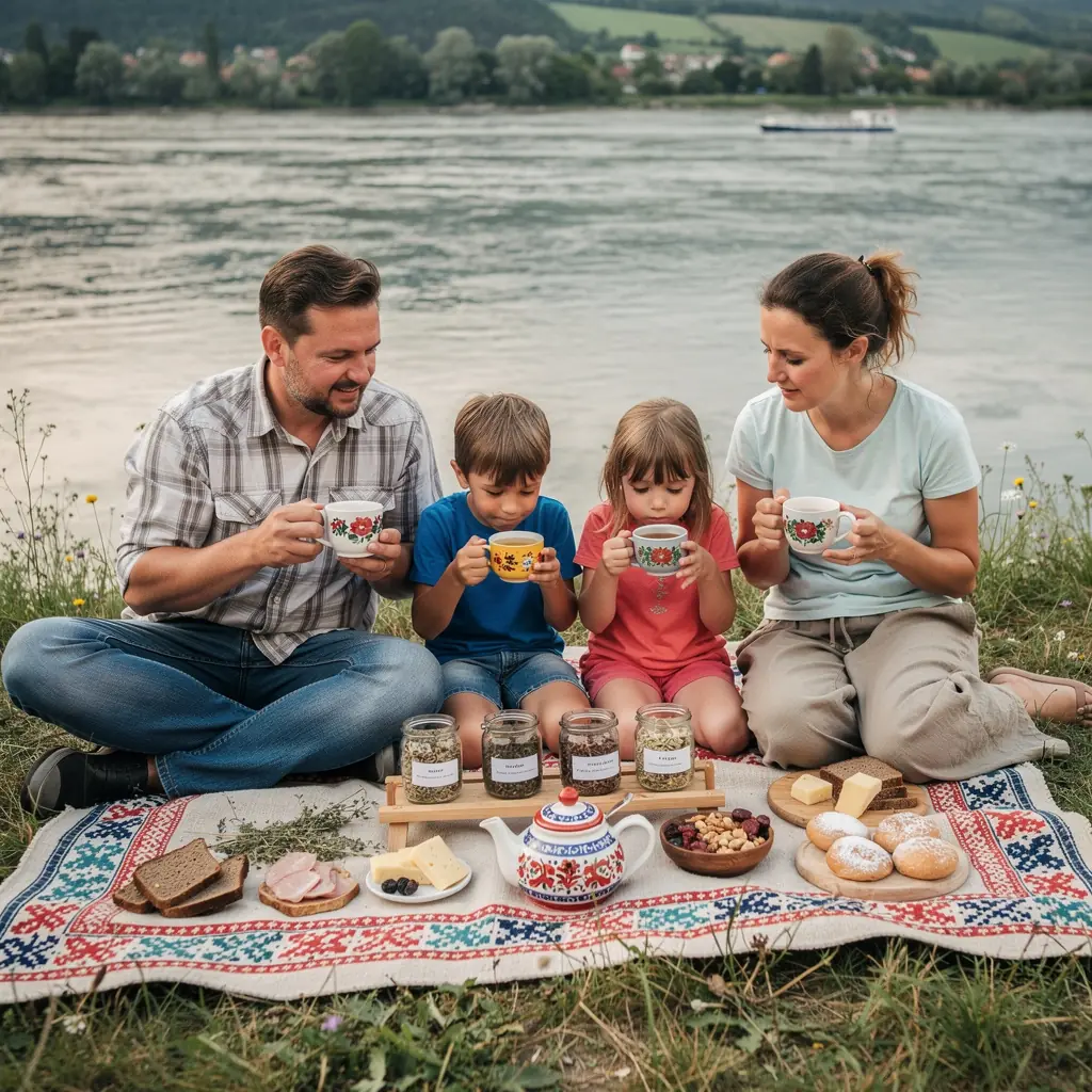 Pohľad na šálku čaju so záhradou v pozadí, symbolizujúci slovenské tradície.
